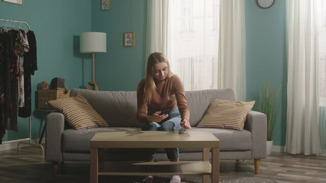 Young girl in brown sweater and jeans sits on beige sofa and takes picture of hamster on her mobile phone. Camera hits the subject.
