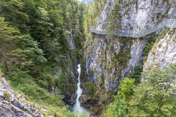 Impressive Leutasch gorge, sky walk suspended bridge river and waterfalls