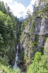 Impressive Leutasch gorge, sky walk suspended bridge river and waterfalls