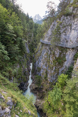 Impressive Leutasch gorge, sky walk suspended bridge river and waterfalls