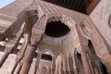 Interior and exterior of the historical building Alhambra, in Granada, Spain in a sunny day in 2020.
