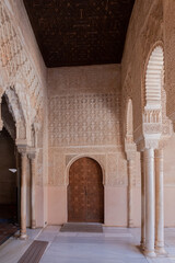 Interior and exterior of the historical building Alhambra, in Granada, Spain in a sunny day in 2020.