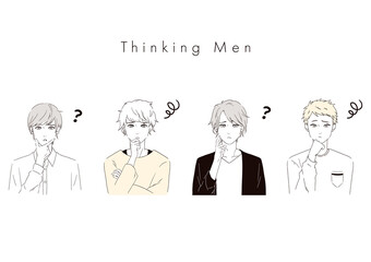 悩んでいる男性4人のイラスト © tokumiyanuts