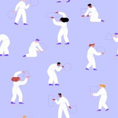 Purple and white flat vector seamless pattern. Different people in white clothes holding geometric figures. Men and women standing holding triangles circles and rectangles