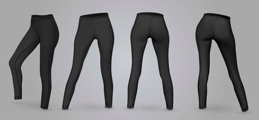 Women’s black leggings mockup in front and back view, isolated on a gray background. 3D realistic vector illustration - obrazy, fototapety, plakaty