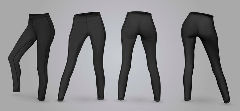 Women’s black leggings mockup in front and back view, isolated on a gray background. 3D realistic vector illustration