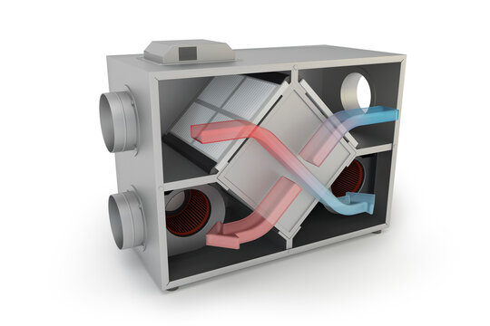 Air Recuperator with arrows. Filtration and ventilation system, 3D illustration
