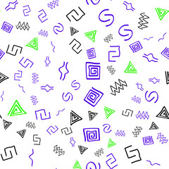 Seamless Memphis-style pattern hand-drawn on a white background. Abstract vector pattern. Color graphic elements. Retro vintage 80s fashion style. For interior design, packaging, and decoration.