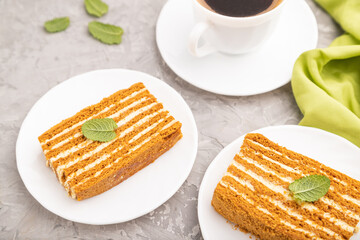 Homemade honey cake with milk cream and mint with cup of coffee on a gray concrete background. Side view, selective focus.
