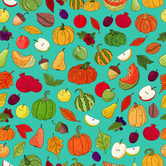 Autumn pattern. Hand drawn autumn leaves fall, nut, lea berries, apple, acorn, pear, pumpkins print. HappyThanksgiving background. Thanksgiving icon on blue backdrop. Harvest vector illstration.