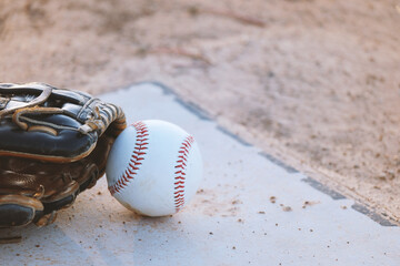 Fototapeta na wymiar Baseball with glove on ball field before sports game.