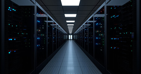 Server room, Data Center. Hosting services. Dark Server Room. Big Data Storage. cloud computing...