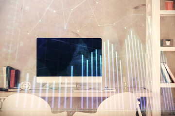 Multi exposure of stock market chart drawing and office interior background. Concept of financial analysis.