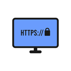 HTTPS Protocol. Safe and Secure Web sites on the Internet. SSL certificate for the site. Advantage TLS. Closed padlock on a green shield. Material Design icon. Vector illustration. - obrazy, fototapety, plakaty