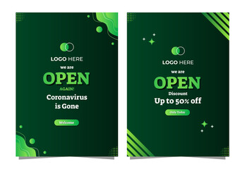 We are open, Green Poster with liquid and striped shape composition. Suitable for shop sign opening, web banner, wallpaper, brochure and more