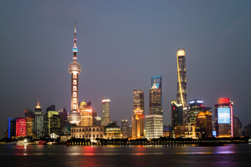 Shanghai business center cityscape by sunset China