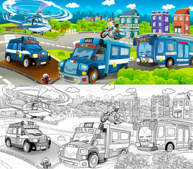 Cartoon sketch stage with different machines for police duty