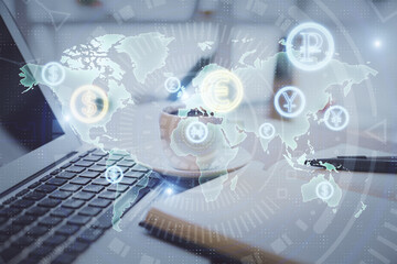 Double exposure of financial chart drawing and desktop with coffee and items on table background. Concept of forex market trading