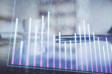 Double exposure of forex chart over coffee cup background in office. Concept of financial analysis and success.