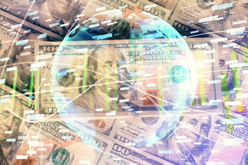 Multi exposure of business theme drawing over us dollars bill background. Concept of financial success.