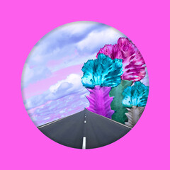 Contemporary collage. Colorful cacti on the background of the road and sky with cumulus clouds in a pink frame. Landscape concept, abstraction, art, travel.