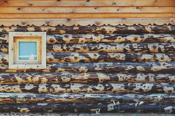 Frontal view of a bath blockhouse facade made of roughly hewn yellowish tree trunks, with a single window on the left and a copy space area on the right; the texture of a new log house frontage