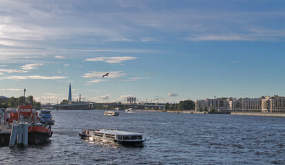 Sunny evening on the river in the city of Saint Petersburg