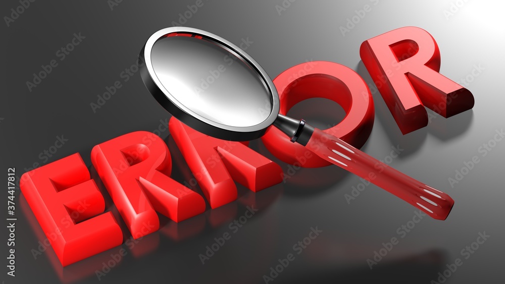 Aufkleber magnifier passing over the word error on a black surface - 3d rendering illustration
