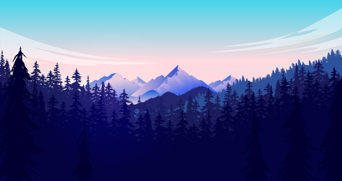 Forest And Mountain Vector Illustration. Adventurous Nature Landscape Scene With Clouds, Mountain And Trees. Great For Background And Wallpaper.