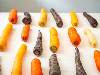 Variety of Purple, Yellow and Orange Carrots on a White Background