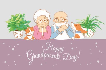 Grandparent with cat, dog and indoor plants, ' Happy Grandparents Day!', hand-drawn.