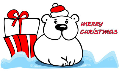 Christmas card with cute polar bear in red hat illustration. Red and white flat design for greeting card, holiday and seasonal prints