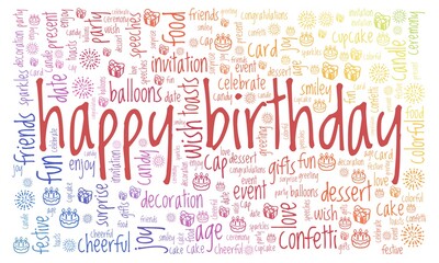 Happy birthday card vector illustration word cloud isolated on a white background.