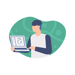 An employee staff member working on a laptop, file management concept. Illustration of a man holding a laptop, flat design. Can be used for landing pages, UI, websites elements