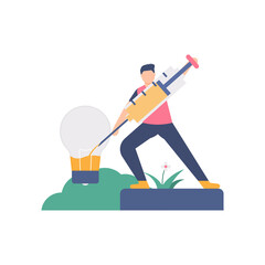 the concept of inspiration, ideas injections, vitamins. illustration of a person injecting liquid into a light bulb. flat design. can be used for elements, landing pages, UI, websites.