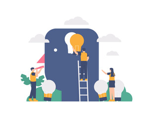 the concept of inspiration, building ideas, teamwork. illustration of a team working together to replace a lamp from the head. flat design. can be used for elements, landing pages, UI, websites.