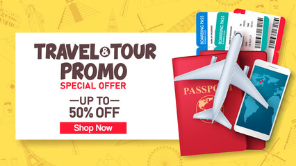 Travel and tour promo vector banner template. Travel sale online offer with 50% discount in  white space for promotion text with patterned world's famous tourist landmarks. Vector illustration.
