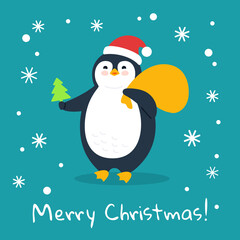 Penguin with tree, gift bag. Winter holidays postcard cartoon flat greeting Merry Christmas. Funny happy New year animal character. Cute card hand drawn penguin banner. Isolated vector illustration