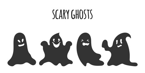 Silhouette black ghost set. Happy Halloween character with scary or surprised face shape. Creepy funny cute spook. Great for design postcards on holiday. October horror. Isolated vector illustration