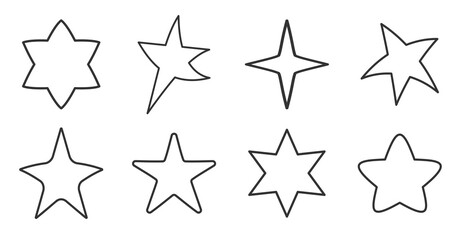Black line star icons set. Template stars shape. Simple empty outline for tatto, app, game. Symbol starry magic, night sky. Decoration element for christmas or birthday. Isolated vector illustration