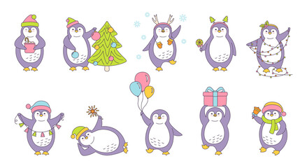 Penguin christmas cartoon outline set. Cute flat hand drawn penguins collection. Smile happy character with santa hat or horns, tree, garland, gift bell, cup. New year Isolated vector illustration