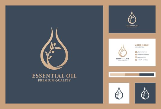 olive oil logo design inspiration with business card design premium vector. drops logo. beauty product. organic oil.