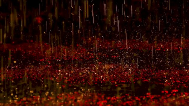 Large raindrops drum on the water and bounce to the sides creating splashes. Dark studio with color neon lights. Slow motion. Close up.