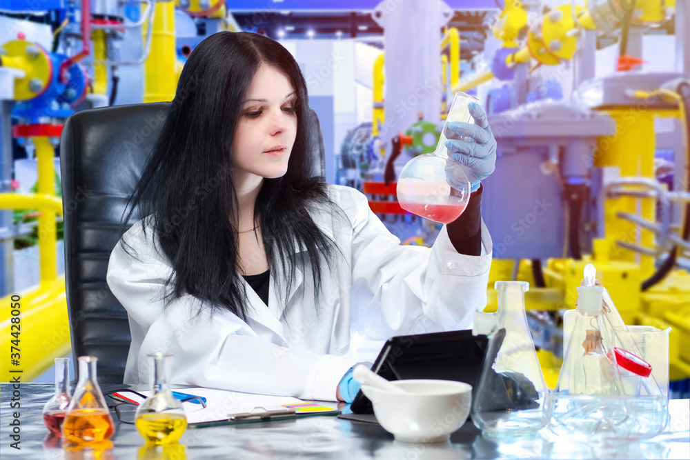 Poster laboratory assistant on the background of chemical production. conducting laboratory tests at the en