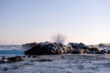 The seascape  with huge wave and rocks.