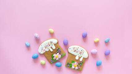 Easter poster and banner template with Easter cakes and colored eggs on pink background.Greetings and presents for Easter Day in flat lay styling.Promotion and shopping template for Easter