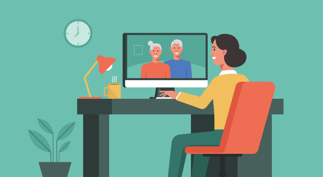 communication and relationships concept, woman using computer at home and video calling to her family, vector flat illustration