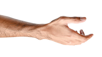 isolated of male caucasian hand holding something like a bottle or can.