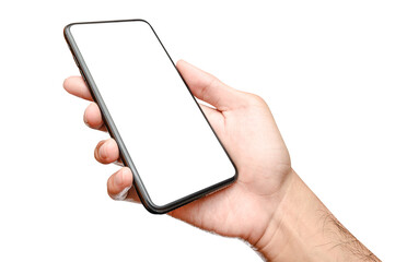 Male caucasian hand holding phone isolated on white background.