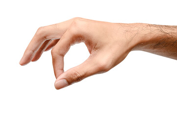 Male caucasian hand hold virtual business card, credit card or blank paper isolated on white background.